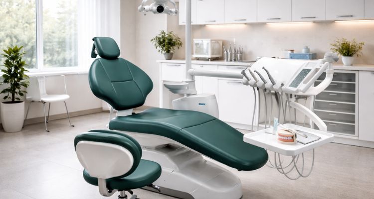 Opremanje stomatološke ordinacije sa modernom stomatološkom stolicom i stomatološkom jedinicom u savremenom dentalnom prostoru.