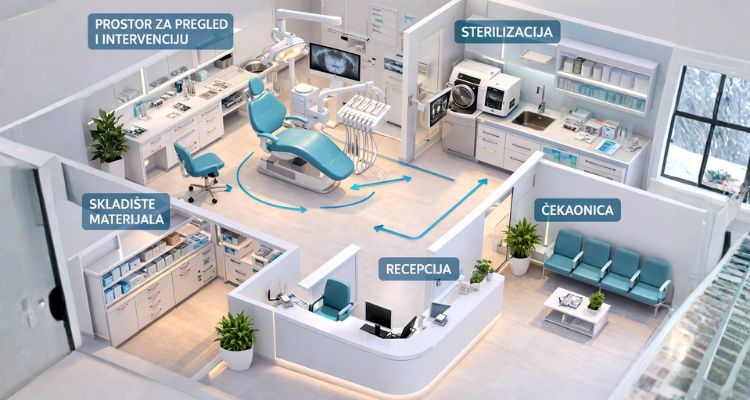 **ALT tekst:** Dijagram rasporeda stomatološke ordinacije sa jasno označenim zonama za pregled, sterilizaciju, skladištenje materijala, recepciju i čekaonicu.