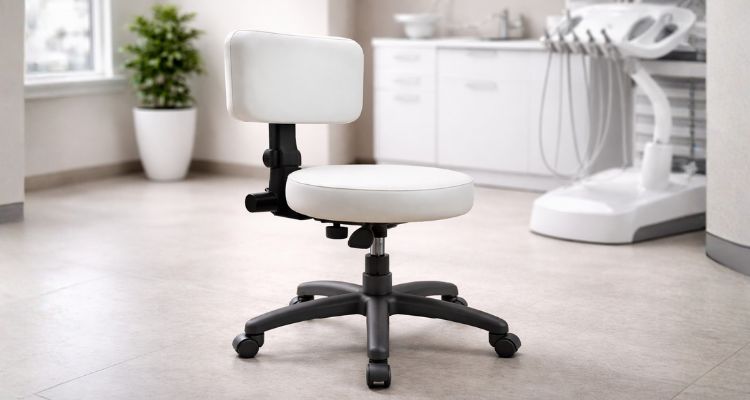 Laboratorijska stolica u stomatološkoj ordinaciji sa podesivim naslonom i točkićima za ergonomičan rad stomatologa