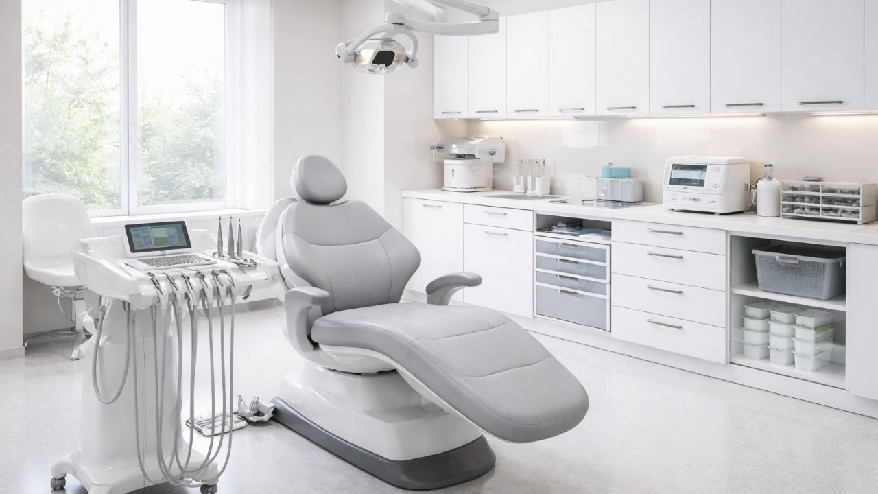 Moderna stomatološka ordinacija sa stomatološkom stolicom, operativnim svetlom i sterilizacionim ormarićima u urednom medicinskom prostoru